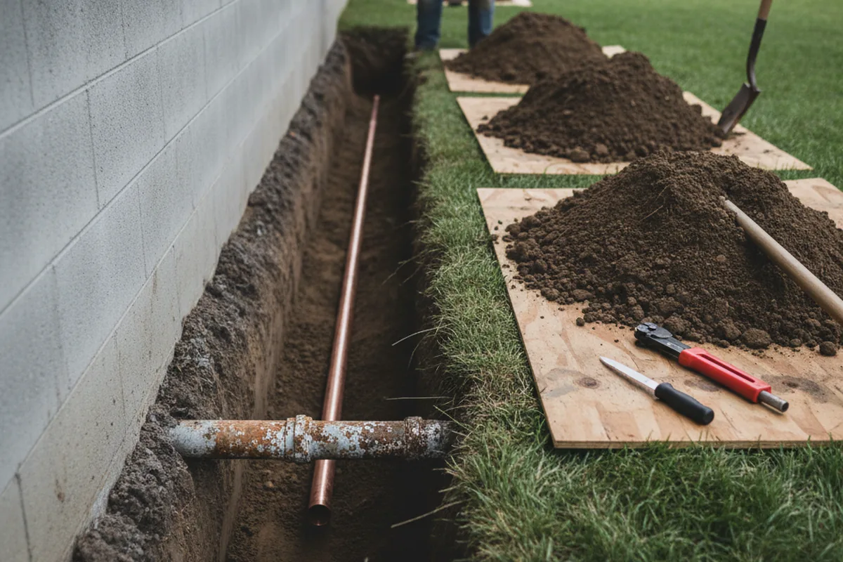 Excavated water line trench during Water Heater Repair in Burna